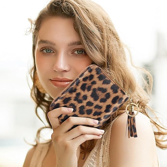 Coco Rossi Women's Small Credit Card Wallet RFID Cute Card Holder for Women with Tassel, Leopard