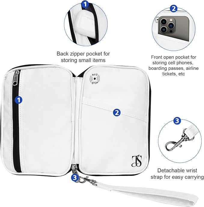 Passport Holder for Travel Women Men RFID Blocking Passport Wallet Waterproof Lightweight Document Organizer Pouch Bag Zipper Portable Case for Cards, ID, Money (White, 6.9"x4.5")