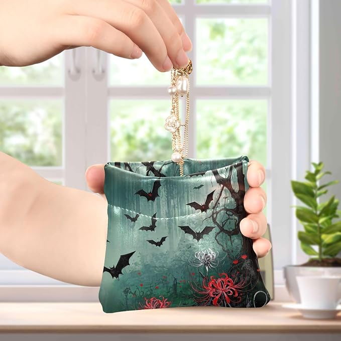 Bats Women's Waterproof PU Leather Coin Purse, Slim Travel Wallet with Zipper - Compact Card Holder & Jewelry Organizer for Cash, Keys, Lipstick