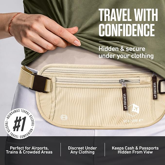 VENTURE 4TH Money Belt for Travel – Hidden Under-Clothes RFID Blocking Passport Holder & Slim Travel Wallet Pouch for Men & Women to Protect Cash, Cards & Documents (Beige)