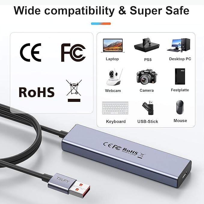 USB Hub 3.2, TSUPY USB Splitter 10Gbps 4 USB 3.2 Ports with 4ft Extension Cable,Ultra-Slim Aluminium USB 3.2 Gen 2 HUB Fast Data Transfer USB Port Extender for MacBook,Chromebook,Mobile HDD,Laptops