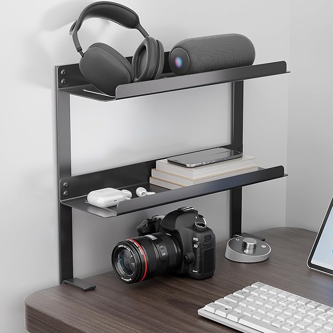 Delamu 2-Tier Clamp On Desk Shelf, 14.2in Desktop Shelves Organizer, Small Desk Organizer with Cord Hider, Table Extender Attachment Shelves for Workspace & Gaming Accessories, Black