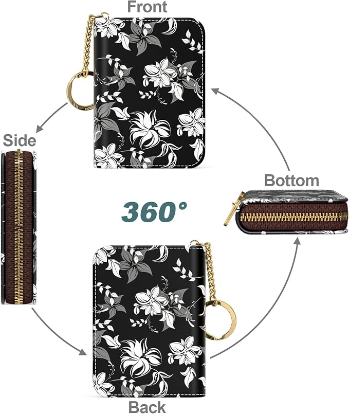 Nipichsha Women's Slim Leather RFID Wallet, Black Flower, Compact Size, 12-Slot with Zipper and Keychain