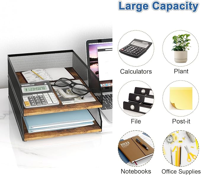 Natwind 2-Tier Stackable Metal Mesh Paper Organizer with Sliding Tray,Retro | Wooden Desk Organizer, Letter Tray For Desktop,File Holder For Home Office School Classroom Organization