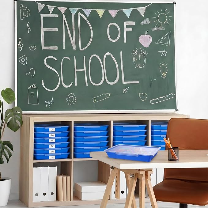 Tinlade 12 Pcs Classroom Paper Storage Bins with Clear Latching Lid, Label Stackable Letter Size Flat Tray Container for Teacher Back to School Supplies Home Office Desk Arts Crafts (Blue,13x10in)