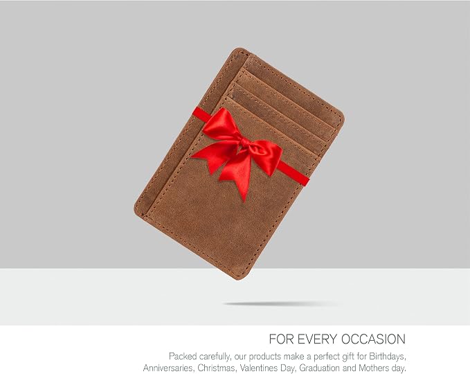 Real Leather Slim Minimalist Wallet for Men and Women -RFID Blocking Front Pocket Thin Credit Card Holder Stylish Wallets (Dark Cognac)