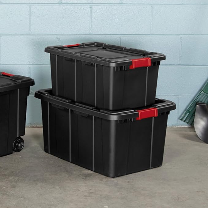 Sterilite 12-Pack Industrial Tote, Plastic Storage Bins with Lids, 15 Gallon, Black - Heavy-Duty Organizing Containers for Closet, Bathroom, and Office