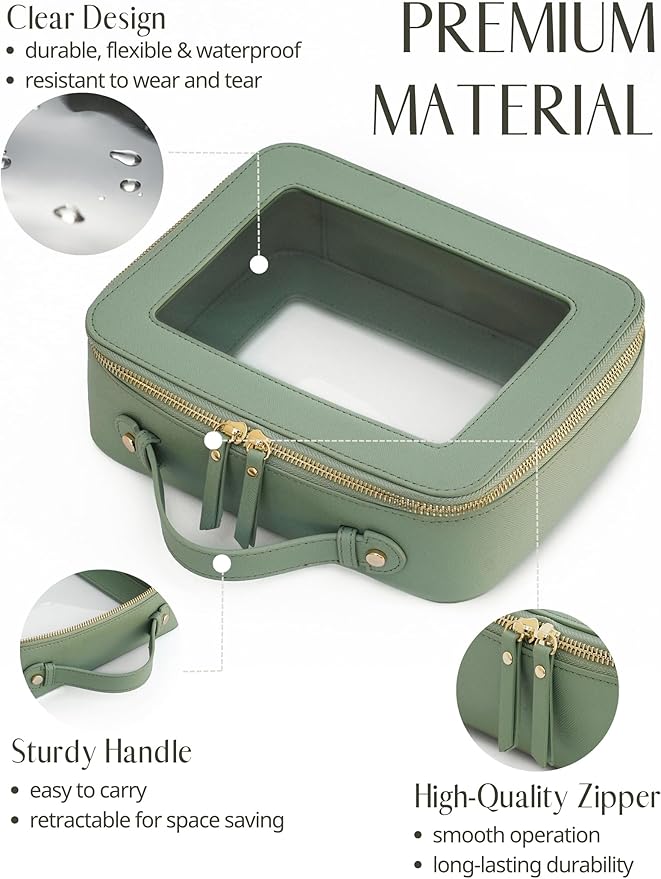 Popvibe Clear Makeup Bag Travel Cosmetic Case Transparent Toiletry Bag with Zipper, Portable Make Up Organizer Traveling Compact Car Bag for Essentials, Sage Green, Large