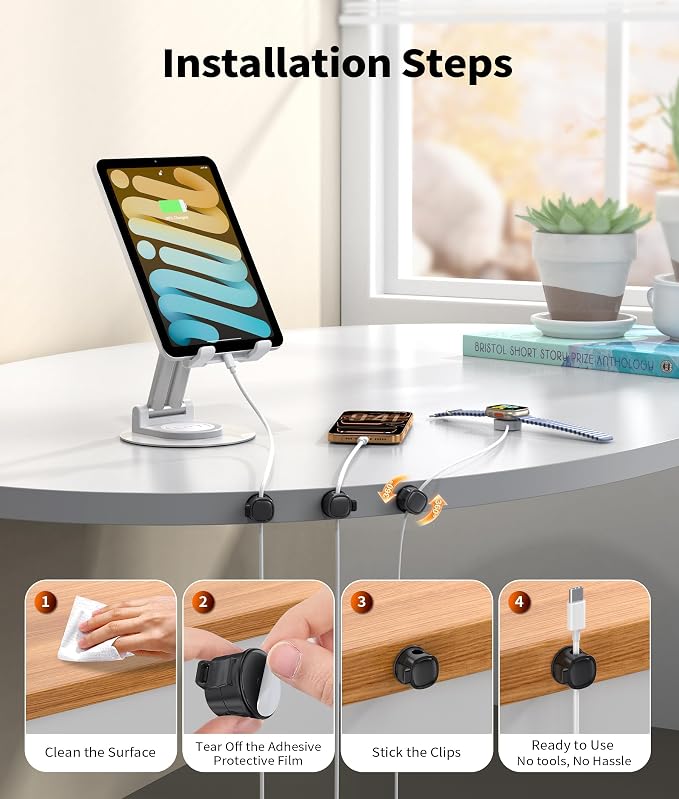 8 Pack Rotatable Cable Clips Cord Organizer,Desk Cable Management Accessory,Cord Clips,Adhesive USB Wire Holder Keeper Organizer for Home Office Desk Phone Car Wall Desktop Nightstand Cable Organizer