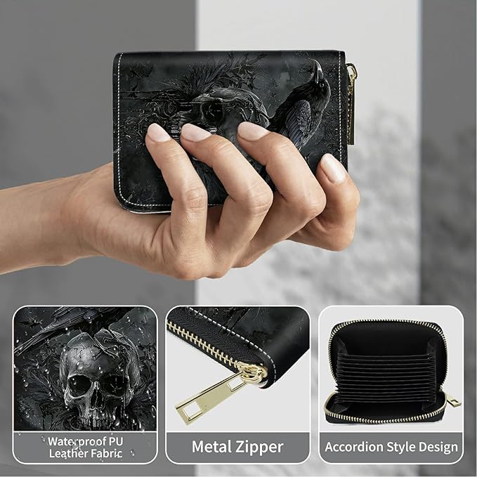 Cute Credit Card Holder with Zipper, Crow Skull RFID-Blocking Card Case Small Wallet for Women Men, Multi-slot Card Organizer Case Travel Accordion Wallet