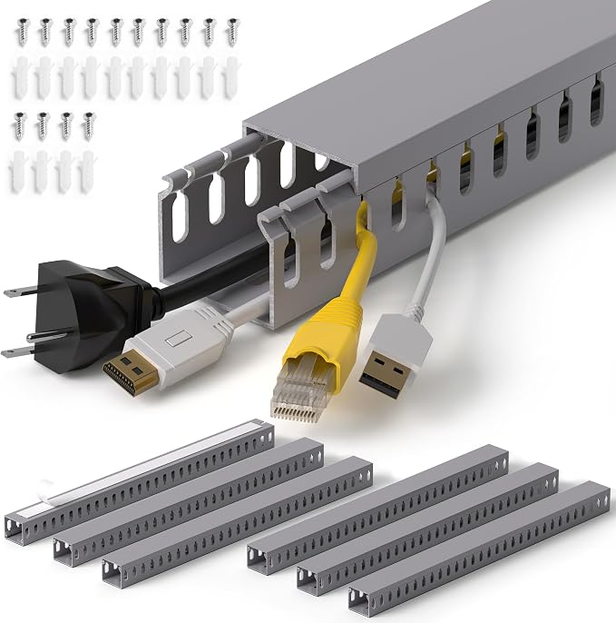 ZhiYo H1.4 W1.6 in Server Rack Cable Management Raceway, 99in (6X L16.5in) Cable Raceway Kit, Electrically Safe PVC Open Slot Wire Cord Hider for Under Desk/Computer/Network Cords, Gray