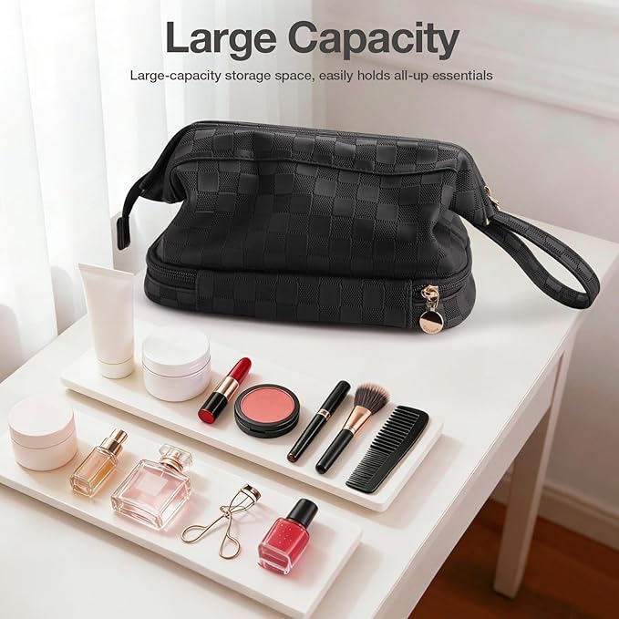 Abiudeng Large Capacity Makeup Bag Ladies Cosmetic Bag Travel Bag with Compartments Portable PU Leather Travel Makeup Bag with Handle
