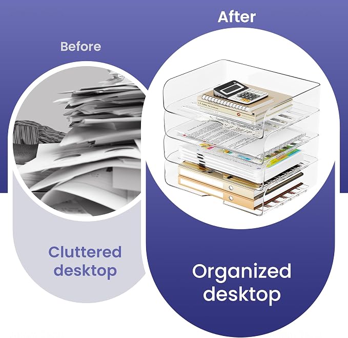 Tomorotec Desk Letter Tray Set, A4 Size Clear PET Stackable Document Organizer Office Desktop File Paper Holder Book Storage Rack Side Load Anti-Skid Stacking Support Convex Bottom (4X Landscape)