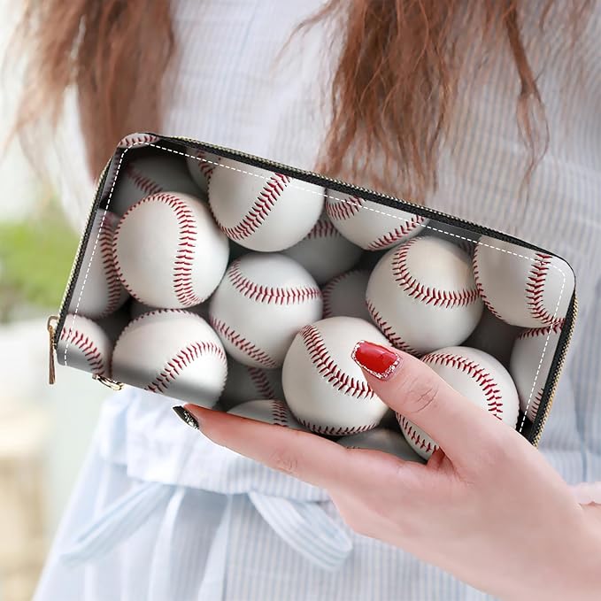 Women's Large Capacity Wallet PU Leather Zip Around Clutch Purse Multifunctional Wallet with Removable Wristlet Strap for Smart Phone/Coin/Card/Cash, Baseballs