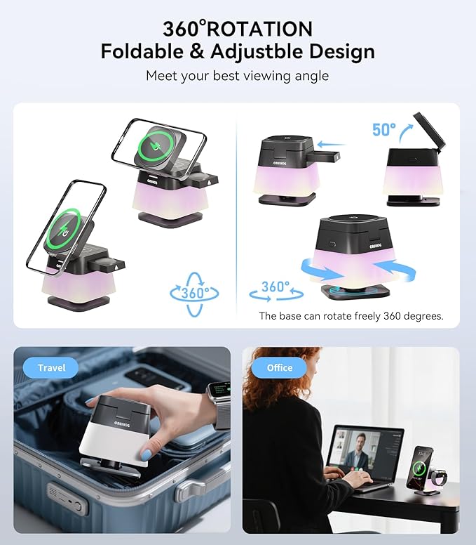 4 in 1 Wireless Charging Station,Charger Stand with Night Light for iPhone17/16/15/14/13/12,Airpods,Watch(20W Adapter),Magnetic Charging Station for Apple