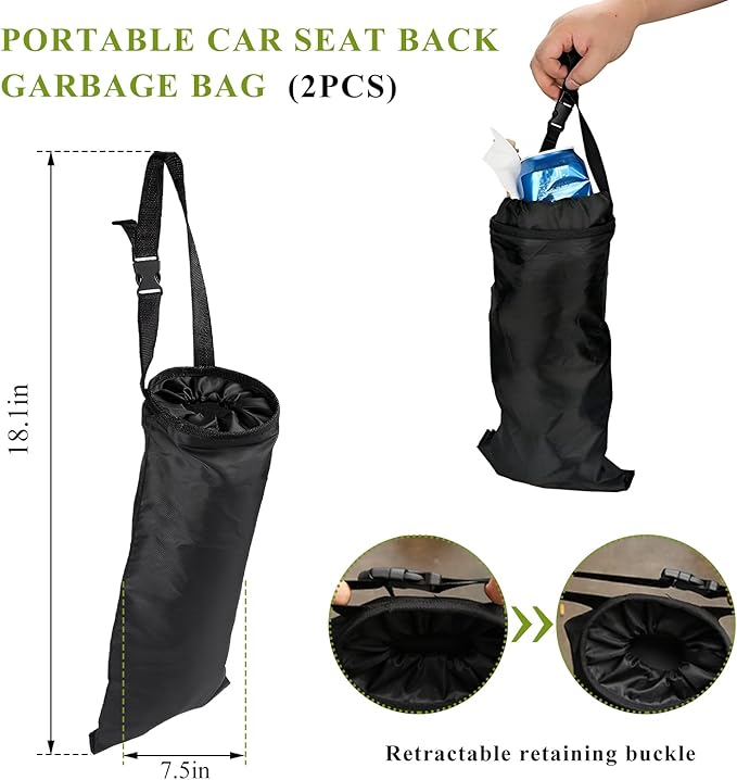 2 PCS Car Trash Bag, Large Capacity Washable Oxford Back Seat Hanging Bag with Elastic Opening, Auto Headrest Waterproof Trash Garbage Can for Outdoor Traveling Home Use