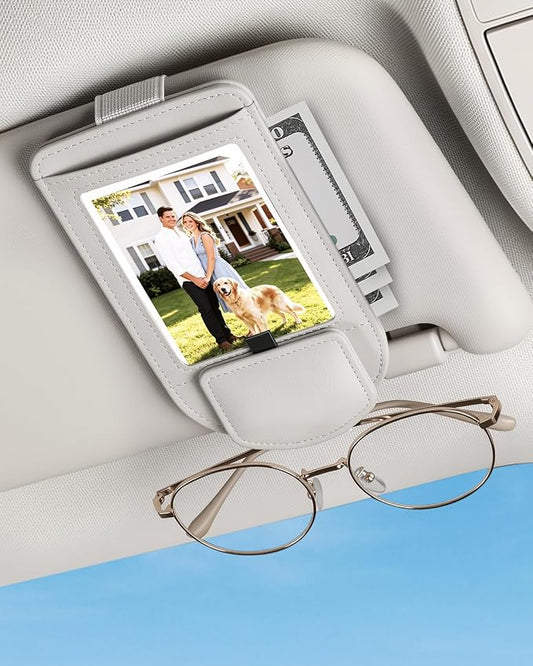 Car Visor Sunglasses Holder, 3 in 1 Glasses Clip with Photo Picture Display & Extra Storage Pocket, Anti-Slip Universal Sun Visor Organizer, 2026 Upgraded (1, Off-White)