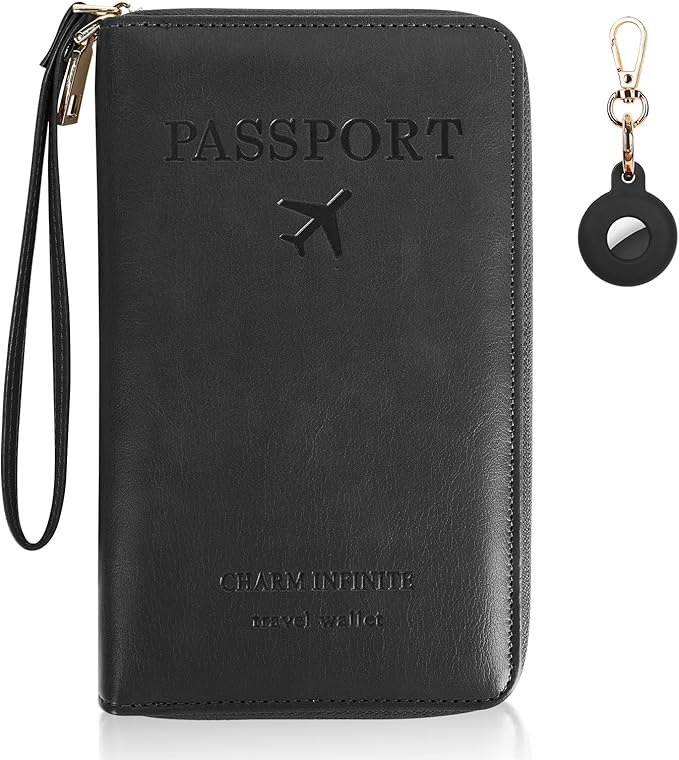 Passport Holder Wallet with Tracker Case, RFID Blocking PU Leather Passport Cover, Travel Document Organizer Wallet for Men and Women (Black)