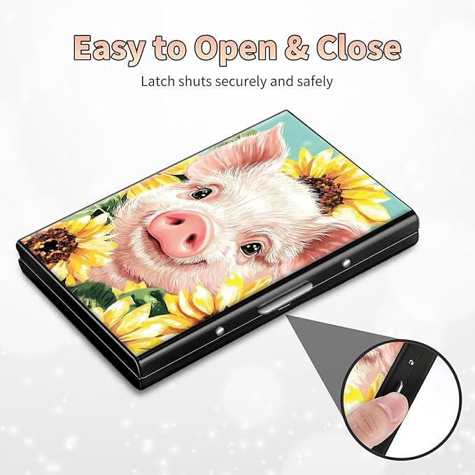 Slim Credit Card Holder, Pig Sunflowers RFID Blocking Metal Wallet for Men & Women, Aluminum Minimalist Hard Case Pocket-Sized Business Cards Organizer (Fits Up to 10 Cards)