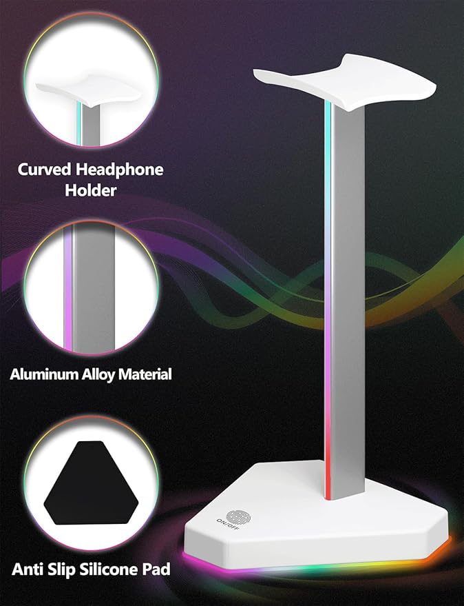 RGB Headphone Stand with 2 USB-C Charging Port and 1 USB Charging Port, Desk Gaming Headset Holder with 7 Light Modes and Non-Slip Rubber Base Suitable for All Earphone Accessories (White)