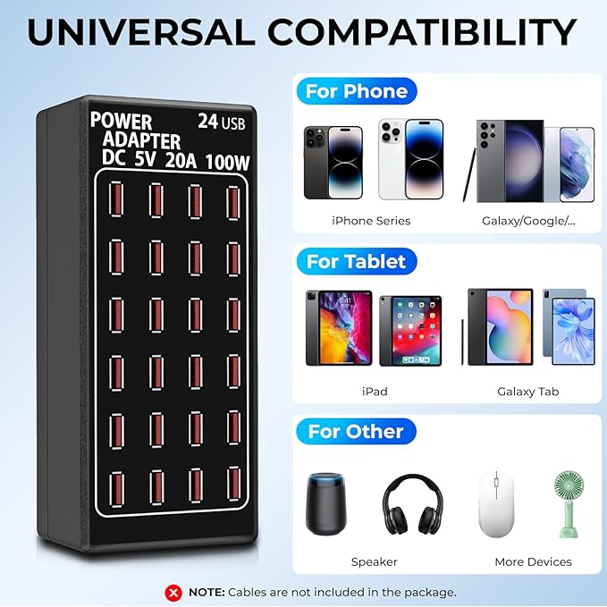 USB Charging Station, 100W/20A 24 Port Desktop Multiple Device Charger Station, Multi Ports Fast Phone Charging Station Organizer, Suitable for School Mall Shop Hotel