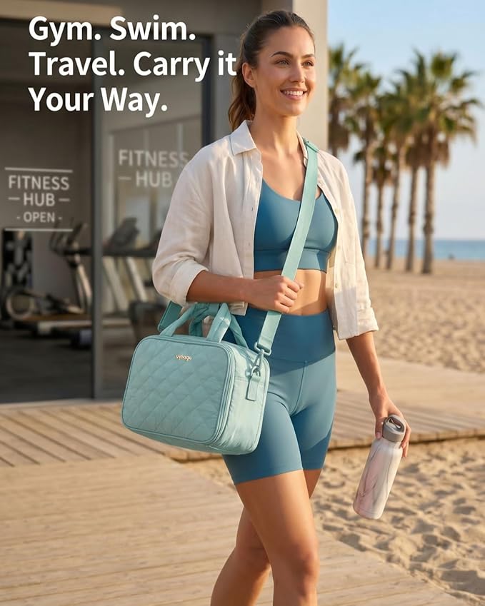 Lightweight Structured Travel Toiletry Bag for Women - Wide-Open Puffer Mini Duffel with Removable Divider, Waterproof Lining, Water-Resistant Exterior, Fits Full-Size Bottles & Shower Essentials