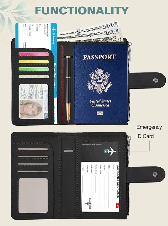 Passport Holder for Travel, Leather Passport Wallet with Airtag Slot, RFID Blocking Travel Wallet for Women Men, Passport Cover with Air Ticket Card Cash Coin Pocket, Travel Essentials Gift