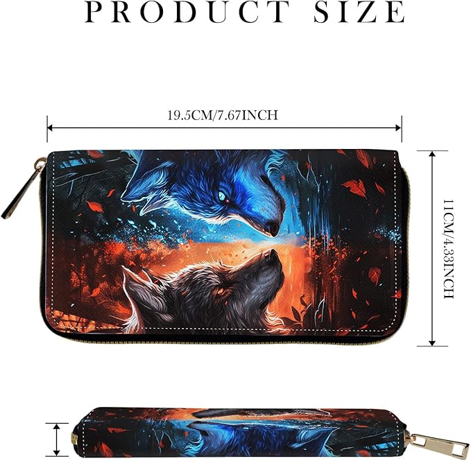 RFID-Blocking Zip Around Wallets for Women with Detachable Wrist Strap,Large Capacity Phone Holder with Card Organizer & Coin Pocket,Cool Wolf