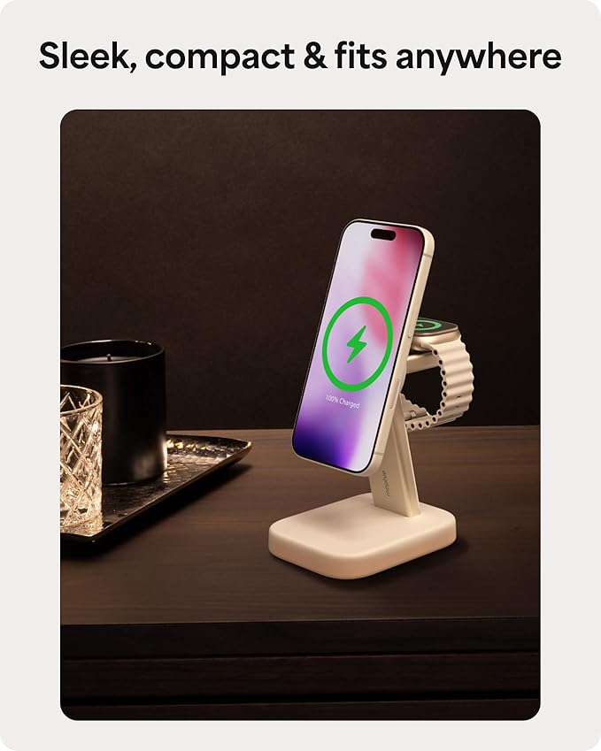 Mophie 2-in-1 Wireless Charging Stand - Qi2-Certified, MagSafe Charger for iPhone & Apple Watch – Fast Charging Station with Adjustable Phone Stand & Cable Management – Up to 15W Power