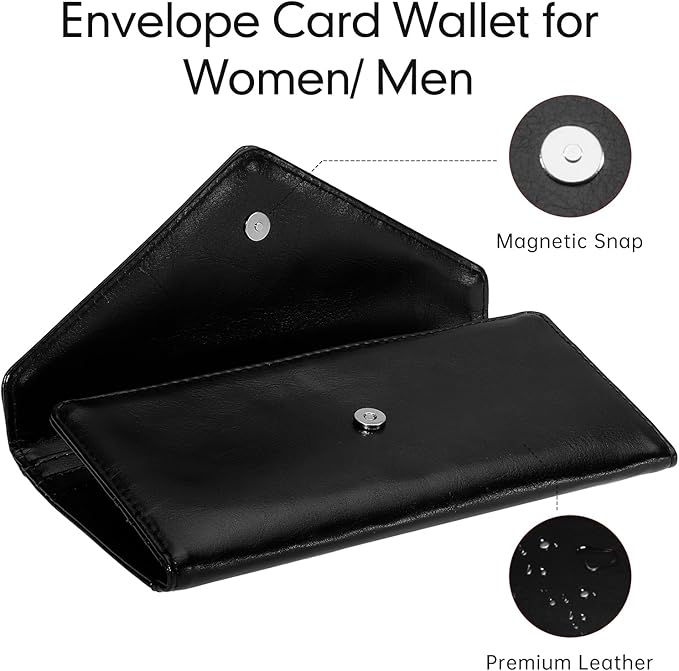 Card Wallet for Women RFID Blocking Envelope Style Ultra Slim Credit Card Case with Zip Coin Pocket, Black