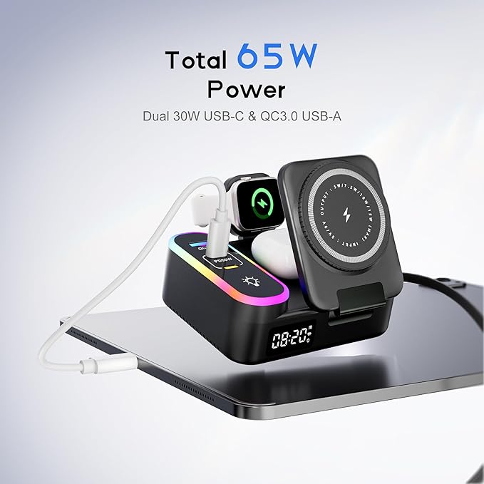 8-in-1 Charging Station 65W, 15W Magnetic Wireless Charger with Retractable Cable, 30W USB C Fast Charging Stand for iPad, Multiple Devices for iPhone 17 16 15 14 13 12 Pro Max Apple Watch Airpods