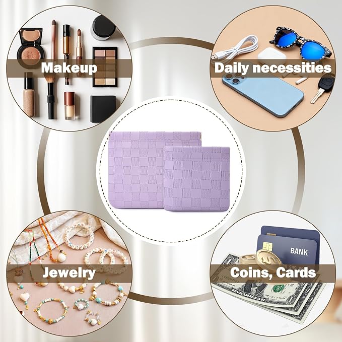 2 PCS Small Makeup Bag for Purse,Premium Small Makeup Pouch Purse,Mini Cosmetic Bag for Travel,Portable Travel Pouch with Quick Access Design,Neutral,elegant and stylish(Checkered Purple)