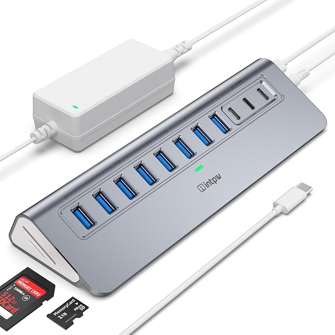 Powered USB Hub 10Gbps, Intpw YH9AC Plus 13 Port USB 3.2 Hub(USB A/USB C 3.2+6 USB-A 3.0+2 PD 45W Fast Charging Port+SD/TF Card Reader), 65W Power Adapter,Aluminum USB HUB for PC,Laptop,iPhone 17/16