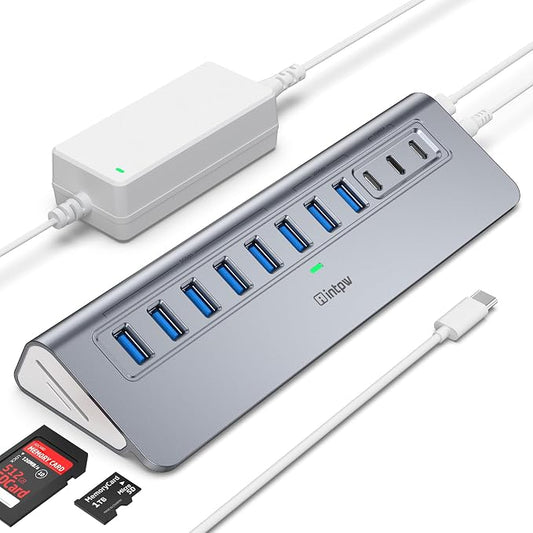 Powered USB Hub 10Gbps, Intpw YH9AC Plus 13 Port USB 3.2 Hub(USB A/USB C 3.2+6 USB-A 3.0+2 PD 45W Fast Charging Port+SD/TF Card Reader), 65W Power Adapter,Aluminum USB HUB for PC,Laptop,iPhone 17/16