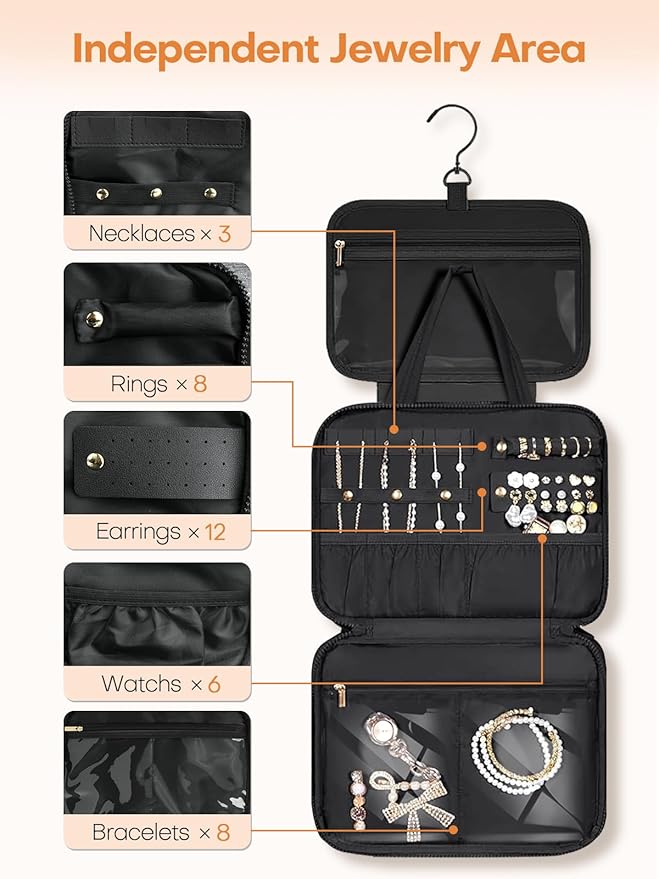 Travel Toiletry Bag with Separate Jewelry Organizer, Water-resistant Makeup Bag with Hanging Hook, Large Capacity Travel Organizer for Toiletries, Cosmetic, Vacation Essentials - Large