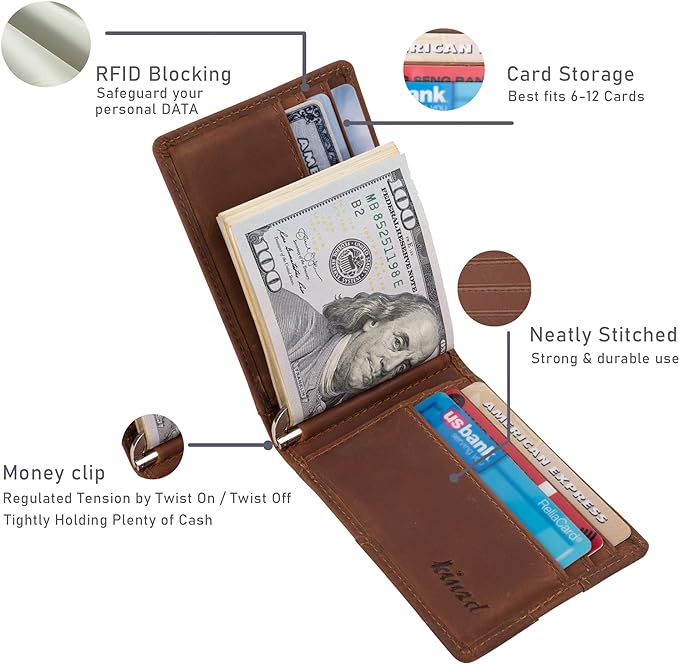 kinzd Slim Wallet with Money Clip RFID Blocking Minimalist Bifold Wallet for Men Genuine Leather Front Pocket Card Holder