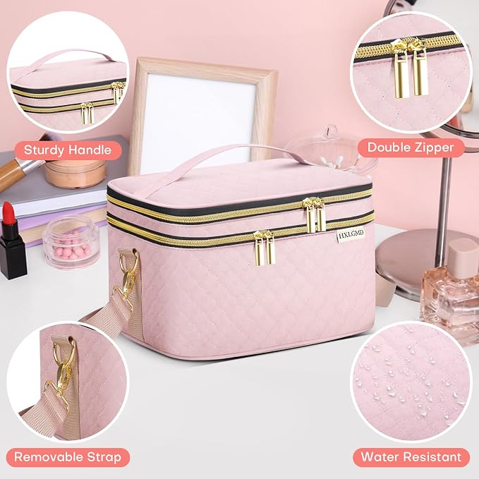 HXLGMD Double Layer Travel Makeup Bag Women, Cosmetic Organizer Case, Travel Essentials Accessories with Shoulder Strap for Bottles, Brushes, Conditioner, Skin Care Products, Pink