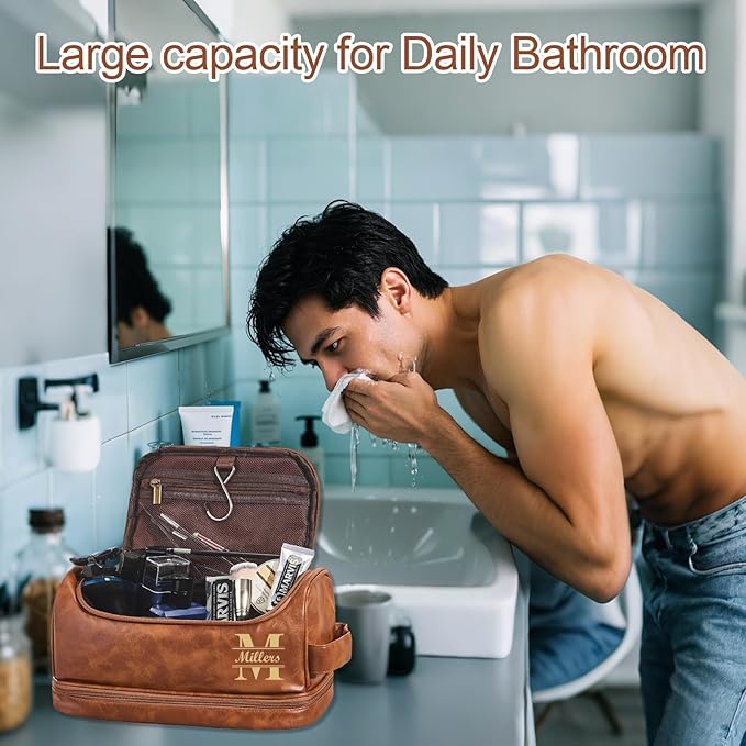 Personalized Leather Toiletry Bag for Men, Large Capacity Toiletry Travel Bag, PU Leather Waterproof Shaving Toiletry Bag, Travel Essentials Customized Gifts for Husband (Style 4)