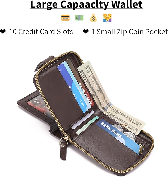 Wallet Men Leather Bifold Wallets For - Flap ID Window Zip Coin Pocket Mensr Wallets - Big Capacity Credit Card Travel Wallet