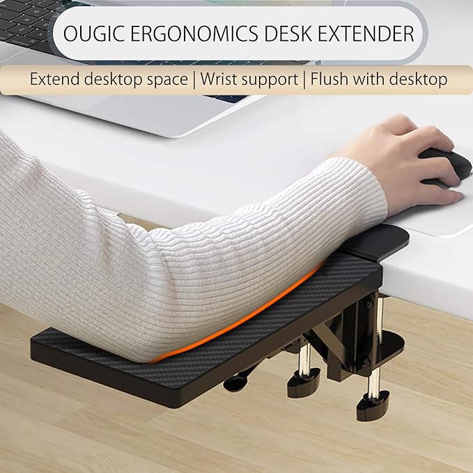 Ergonomics Desk Extender Tray, 11.8x5.9" Punch-Free Clamp on, Foldable Keyboard Drawer Tray, Table Mount Arm Wrist Rest Shelf, Computer Elbow Arm Support