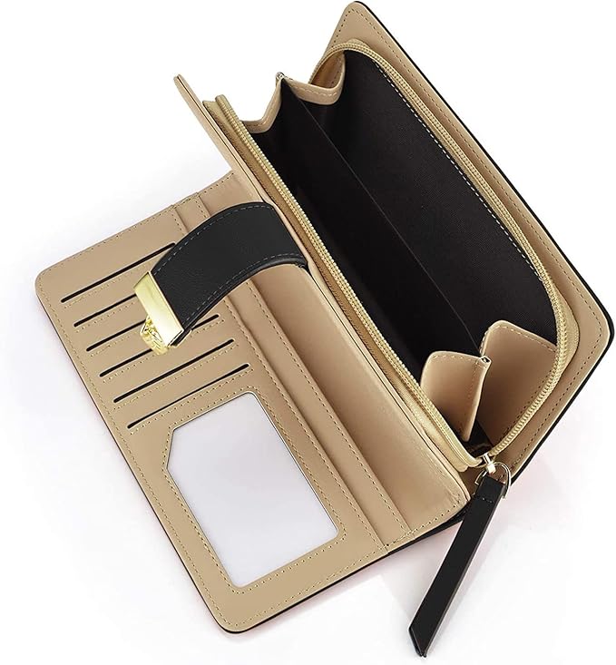 PGXT Women's Wallet Women Credit Card Holder Hollow Leaf Pattern Bifold Leather Lady Long Wallet Purse Zip Birthday Xmas Gifts for Women Girls(Black)