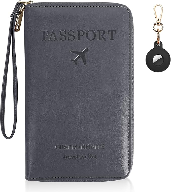 Passport Holder Wallet with Tracker Case, RFID Blocking PU Leather Passport Cover, Travel Document Organizer Wallet for Men and Women (Gray)