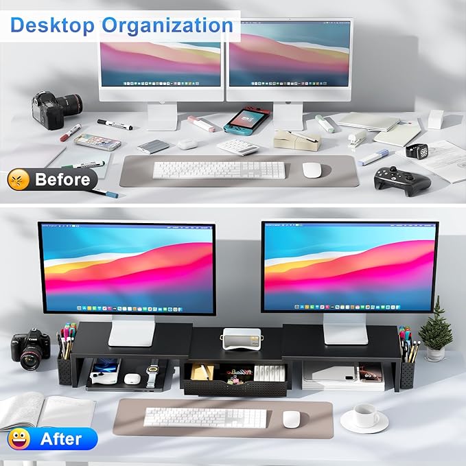 gianotter Dual Monitor Stand Riser + 6-Tier Paper Organizer (Black)