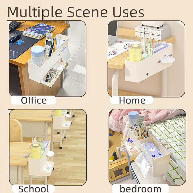 Desk Side Storage Organizer, Desk Cup Holder, No Drill Pen/Pencil/Phone Holder with Hanging Under Table, Clamp On Desktop Side, Stationery Organization Accessories for Home Office(L-size)