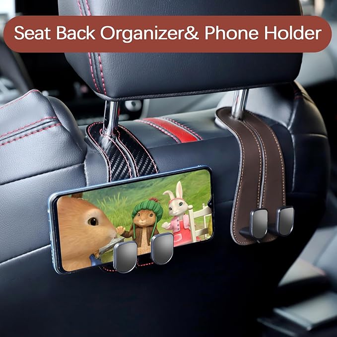 JOJOY LUX 2025 Automotive Seat Back Hooks,Leather Car Seat Hooks,Dual Headrest Organizer Hangers for Purses, Bags & Phones, 2 in 1 Car Headrest Hidden Hook for Tidy Organization,Pack of 2(Mocha)