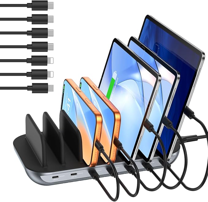 SooPii Premium 140W 7-Port USB C Charging Station for Multiple Devices, Each PD 20W Fast Charging for Phone and Tablet,7 Mixed Cables Included,Black