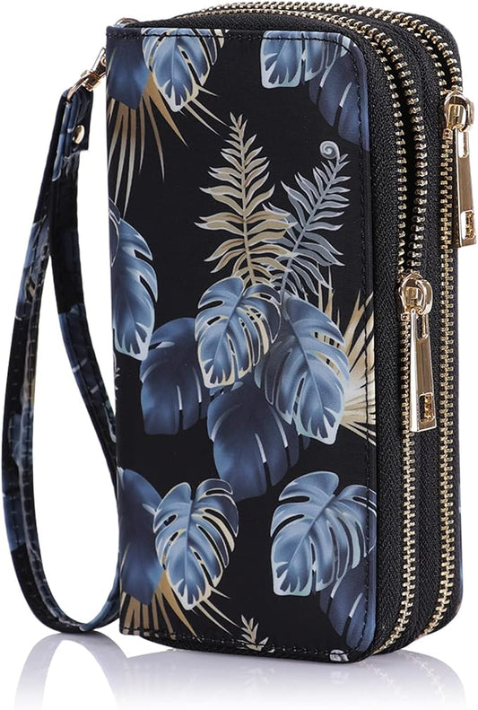 Cellphone Wallet for Women Dual Zipper Long Purse with Removable Wristlet