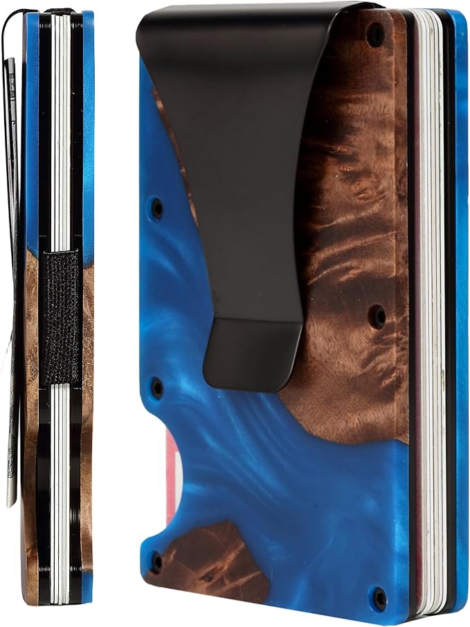Slim Wallet for Men,RFID Blocking Minimalist Metal Wallet, Money Clip/Cash Holder, Front Pocket Aluminum Credit Card Holder, Ideal Gift for Men,Resin Dark Blue Wood