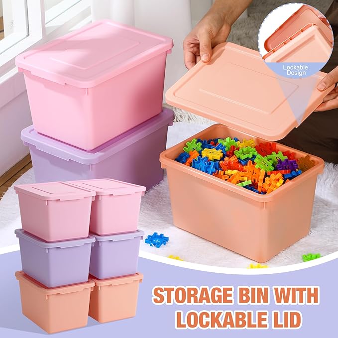 Potchen 6 Pack Cute Plastic Storage Bins with Lids Decorative Stackable Storage Boxes 9.8" ×7.3" ×5.7" Small Storing Totes for Organizing Craft Office Supplies (Pink,Purple,Orange)