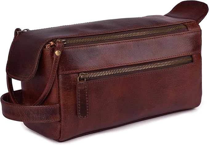 LEATHER VILLAGE Genuine Leather Travel Toiletry Bag - Water-Resistant Dopp Kit for Toiletries, Large Shaving Bag & Bathroom Organizer - Gift for Men & Women - Cherry Brown